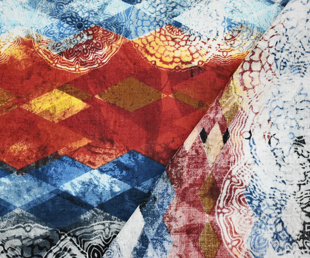 Red-Blue-Multi Diamond Medallion Pattern Printed Linen Woven Fabric