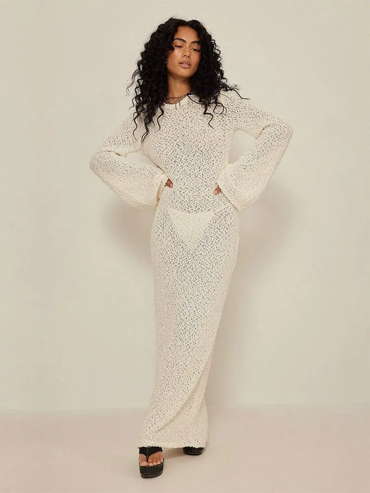 Sexy Knitted Women's 2023 Autumn New U-Neck Dolman Sleeves See-through Sweater Maxi Dress Beachwear Swim Suit Cover-ups A2186