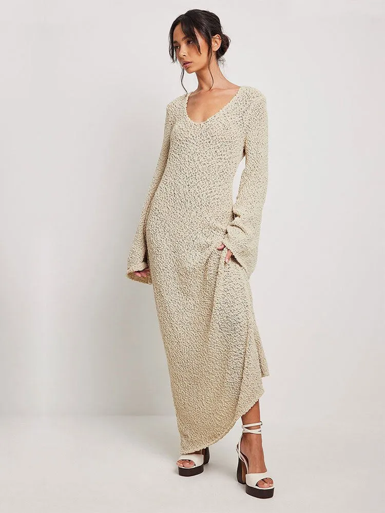 Sexy Knitted Women's 2023 Autumn New U-Neck Dolman Sleeves See-through Sweater Maxi Dress Beachwear Swim Suit Cover-ups A2186