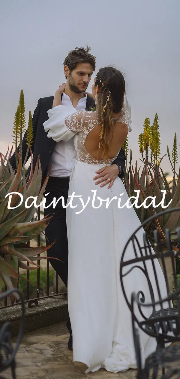 Simple Short Sleeve A-line Chiffon Side Slit Long Wedding Dresses.DB10784