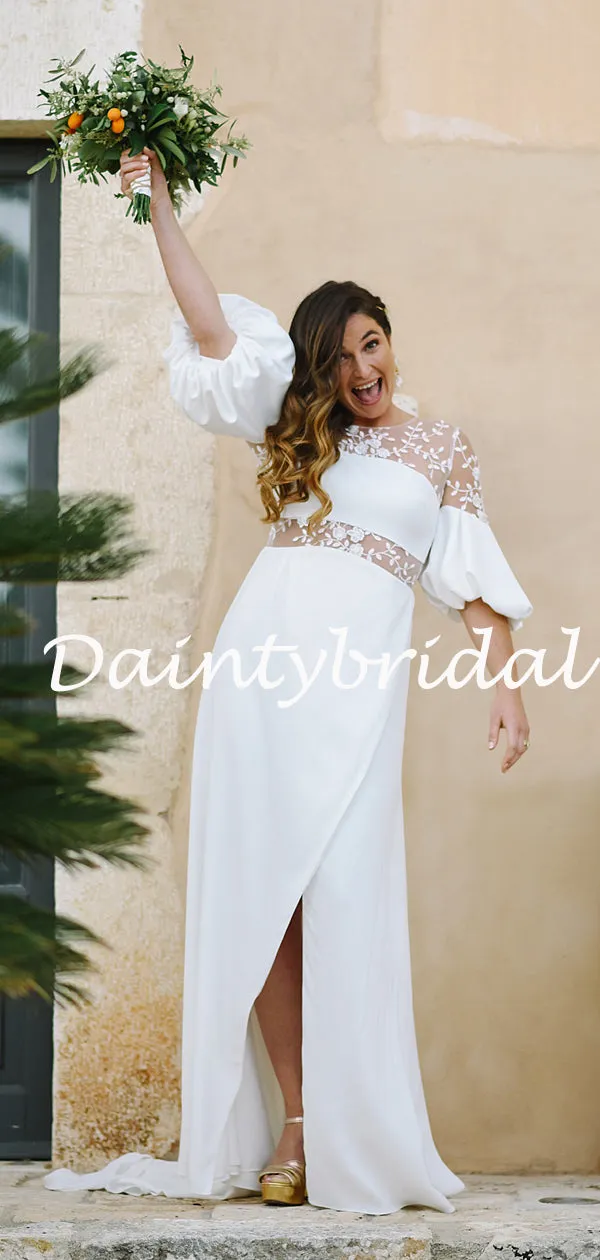 Simple Short Sleeve A-line Chiffon Side Slit Long Wedding Dresses.DB10784