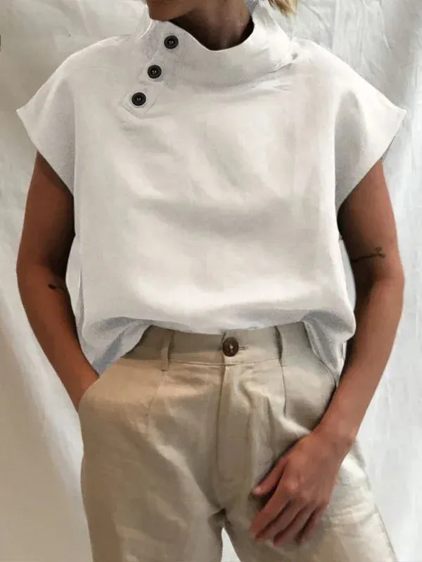 Solid Color Stand Collar Cap-Sleeve Shirts M 84523