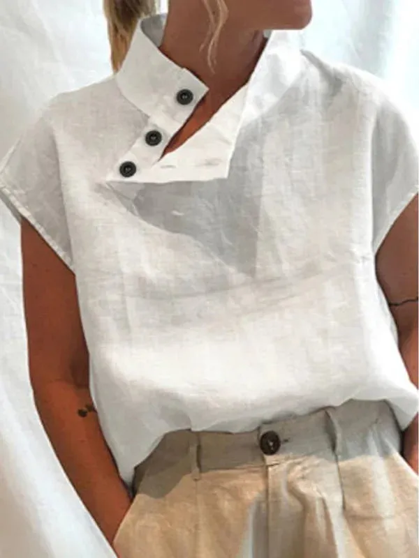 Solid Color Stand Collar Cap-Sleeve Shirts M 84523