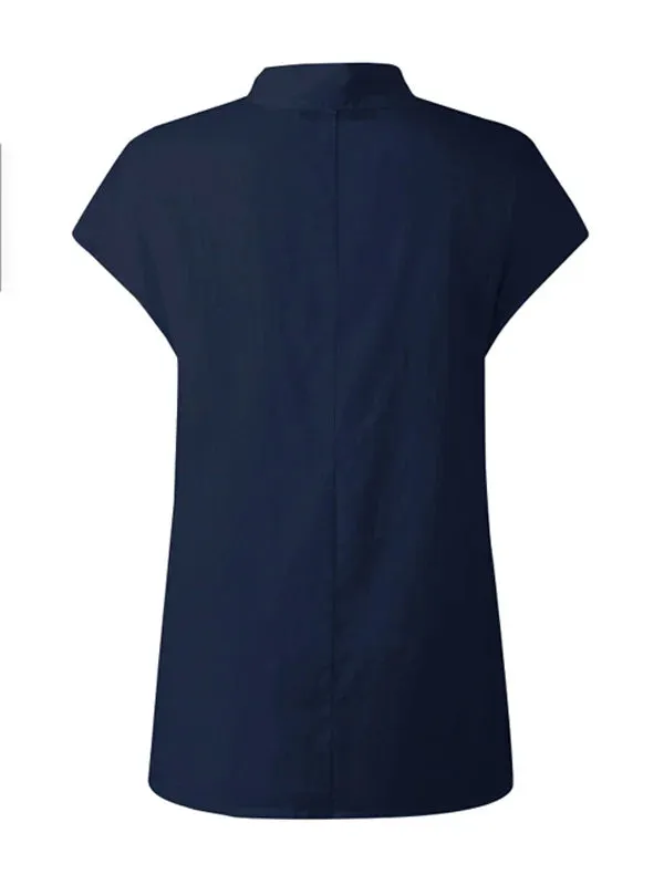 Solid Color Stand Collar Cap-Sleeve Shirts M 84523