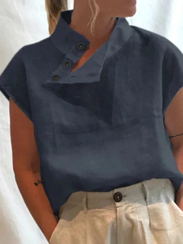 Solid Color Stand Collar Cap-Sleeve Shirts M 84523