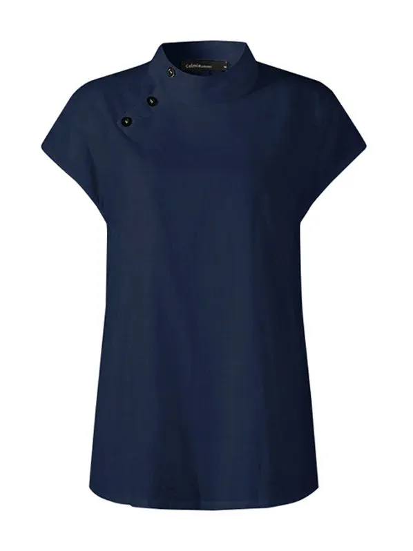 Solid Color Stand Collar Cap-Sleeve Shirts M 84523
