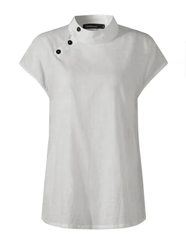 Solid Color Stand Collar Cap-Sleeve Shirts M 84523