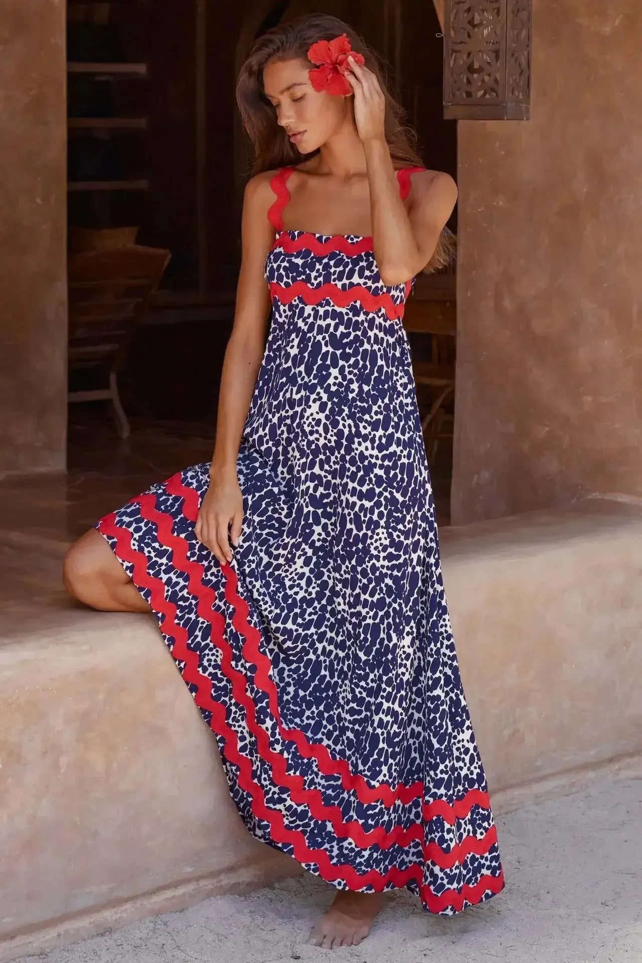 Women's Striped Long Spaghetti Strap High Waist Backless Sleeveless Summer Maxi Dress