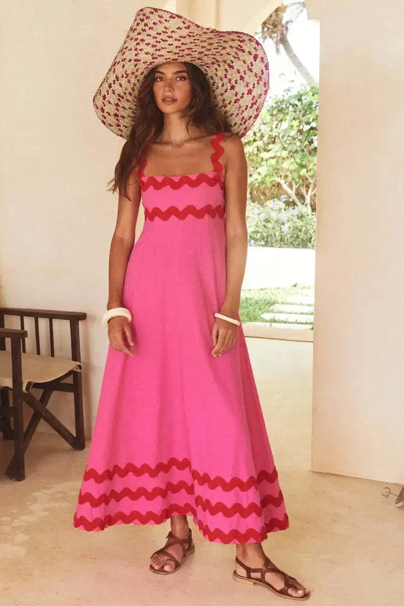Women's Striped Long Spaghetti Strap High Waist Backless Sleeveless Summer Maxi Dress