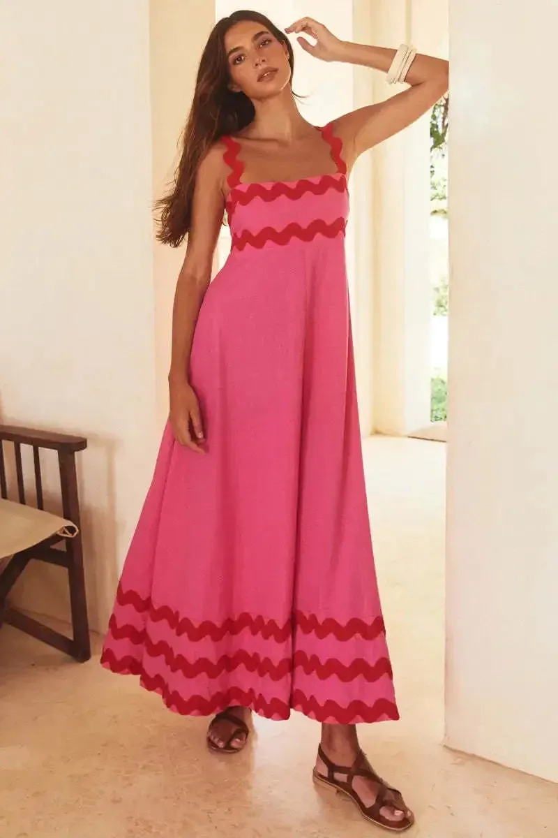 Women's Striped Long Spaghetti Strap High Waist Backless Sleeveless Summer Maxi Dress